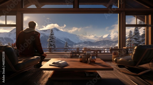 Person Enjoying a Relaxing Vacation in a Private Resort with Spectacular Snowy Landscape Views