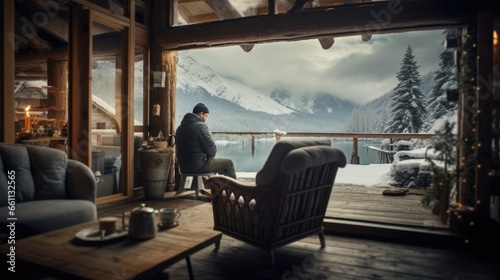 Person Enjoying a Relaxing Vacation in a Private Resort with Spectacular Snowy Landscape Views