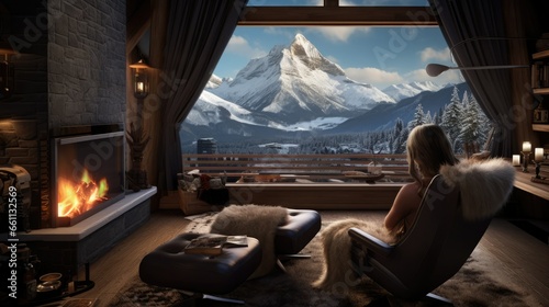 Person Enjoying a Relaxing Vacation in a Private Resort with Spectacular Snowy Landscape Views