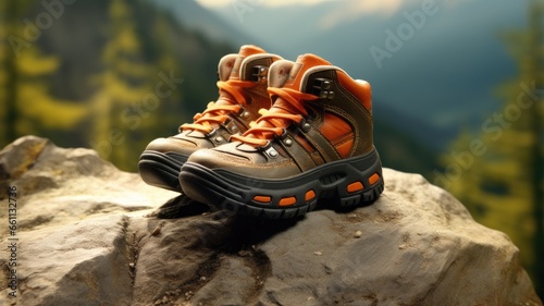 children's sports hiking shoes against the backdrop of a forest trail.