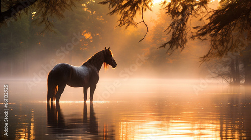 a magnificent horse stands majestically by the edge of a serene, mirror-like lake photo