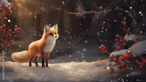 A cute fox with on against the backdrop of a night fabulous winter, snowy forest with Christmas tree, decorations, bokeh and copy space. Christmas greeting card. 3D © Tetiana