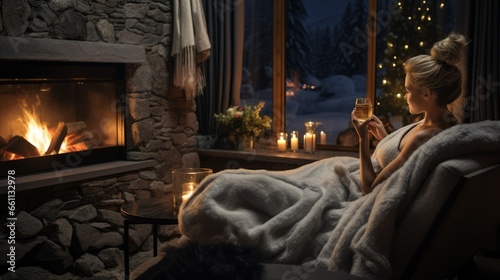 Cozy Winter Evening: Woman Sipping Champagne by the Fireplace in a Warm and Inviting Room