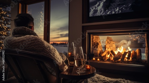 Cozy Winter Evening: Person Sipping Champagne by the Fireplace in a Warm and Inviting Room photo