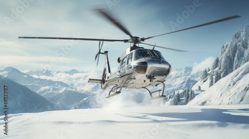 Private Helicopter Landing in Pristine Snowy Landscape during Winter Travel