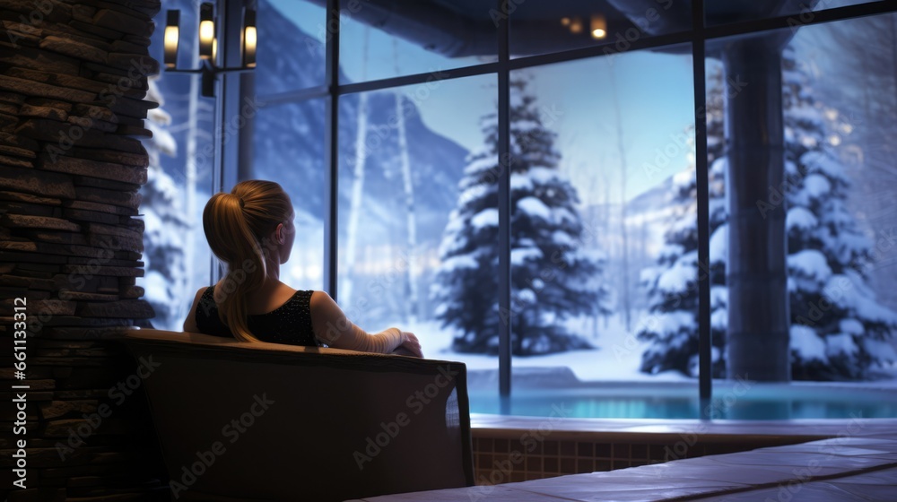 Woman Indulging in Luxurious Spa Treatments Surrounded by a Serene Snowy Landscape, Ultimate Winter Relaxation Woman Indulging in Luxurious Spa Treatments Surrounded by a Serene Snowy Landscape, Ultimate Winter Relaxation