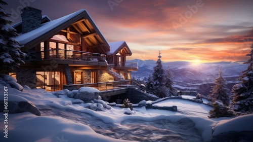 Luxury chalet villa, with stunning winter sunset photo