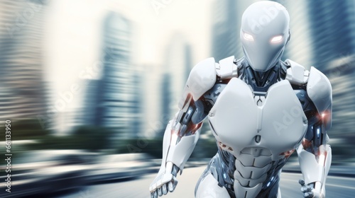 Artificial intelligence 3D robot running in futuristic cyber space metaverse background, digital world smart city technology