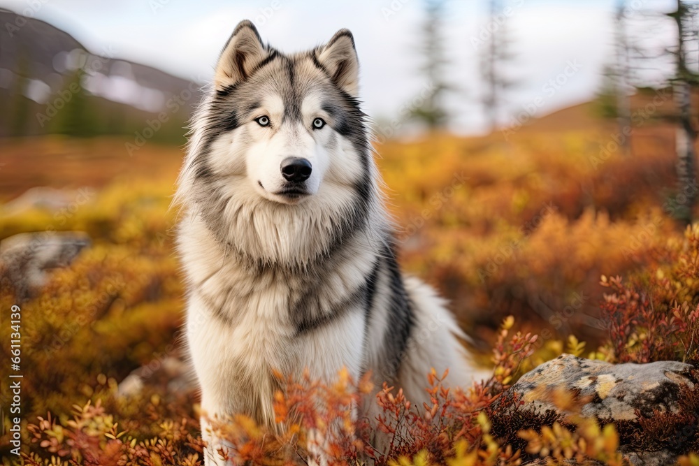 Alaskan Malamute dog in alaskan wilderness. Generative Ai