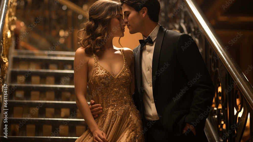 Naklejka premium A couple stealing a passionate kiss on a grand staircase, surrounded by opulent architecture