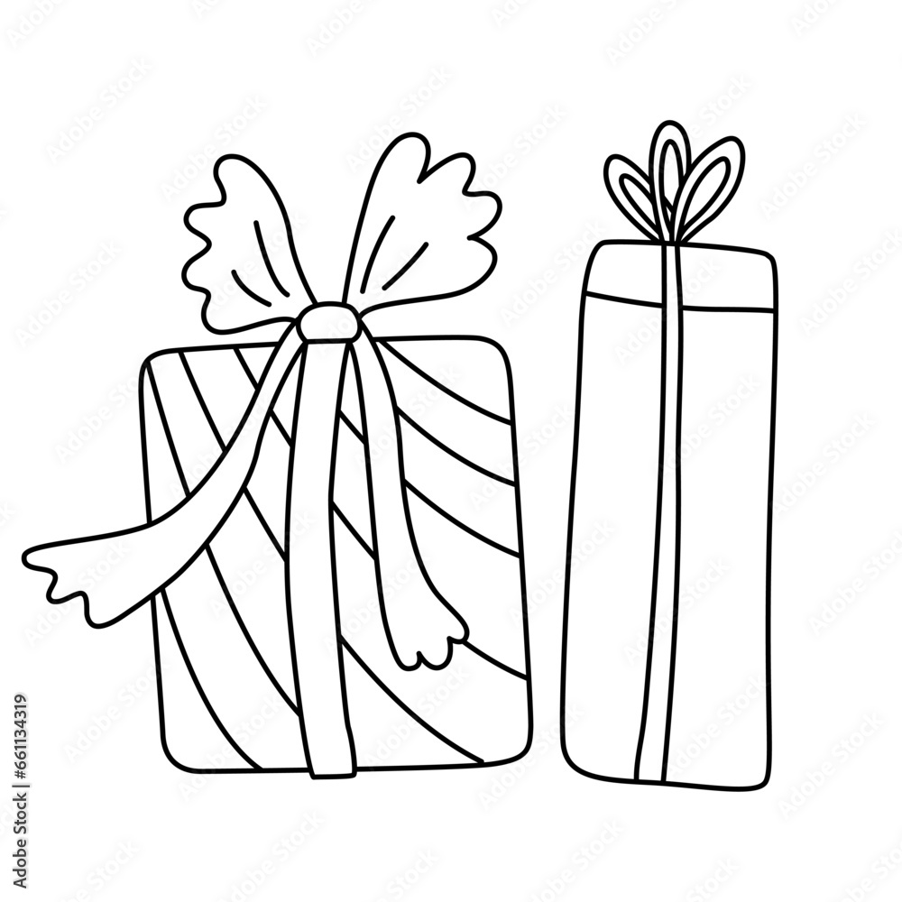 Gift boxes decorated with ribbon bows. hand drawn doodle vector illustration black outline. Great for coloring and greeting cards.. Gift boxes decorated with ribbon bows. hand drawn doodle vector illustration black outline. Great for coloring and greeting cards..
