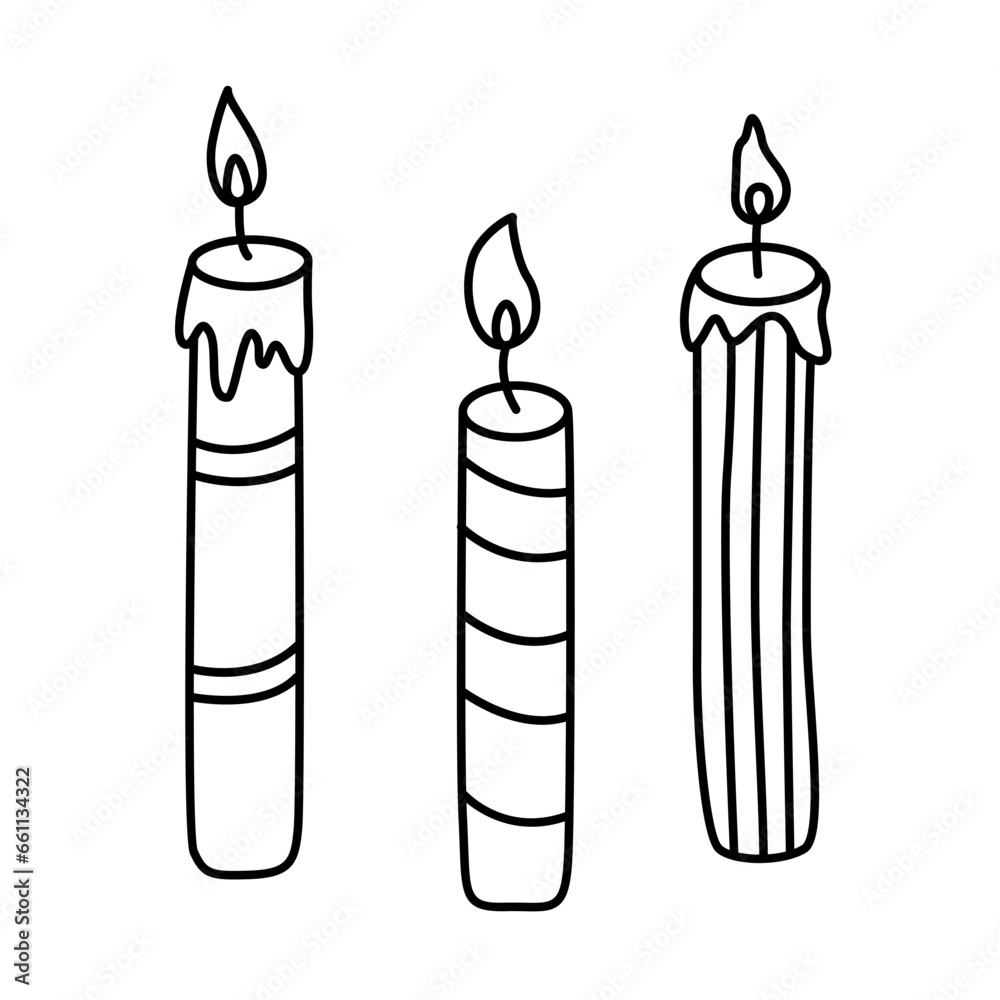 Burning candles hand drawn doodle vector illustration black outline. Great for coloring and greeting cards.. Burning candles hand drawn doodle vector illustration black outline. Great for coloring and greeting cards..