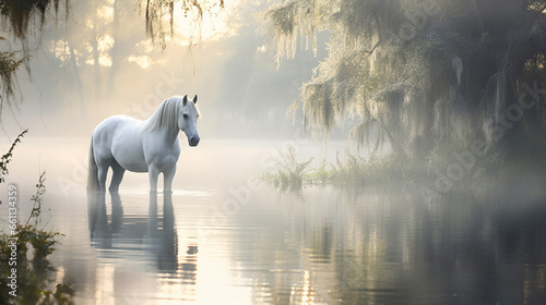 a graceful horse, its coat a pearlescent blend of ivory and silver, stands serenely beside the glassy surface of a misty, ancient lake © Tanveer