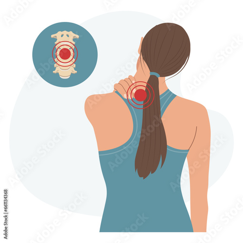 Woman with pain in the cervical and lumbar vertebrae. Back pain, muscle pain, osteoarthritis, rheumatoid arthritis. Medicine. Illustration, vector