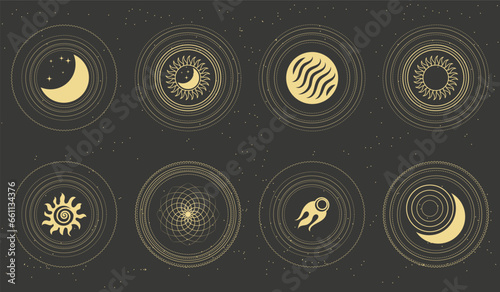 Set of astrological mystical esoteric symbols of the moon, sun, stars in boho style on a dark background. Print, design elements. Vector