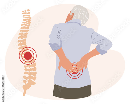 An elderly man with pain in the lumbar vertebrae. Back pain, muscle pain, osteoarthritis, rheumatoid arthritis. Medicine. Illustration, vector