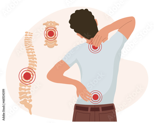 A man with pain in the cervical and lumbar vertebrae. Back pain, muscle pain, osteoarthritis, rheumatoid arthritis. Medicine. Illustration, vector
