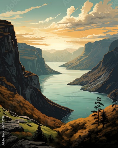 Colorful retro style illustration travel poster of a Scandinavian fjord. photo