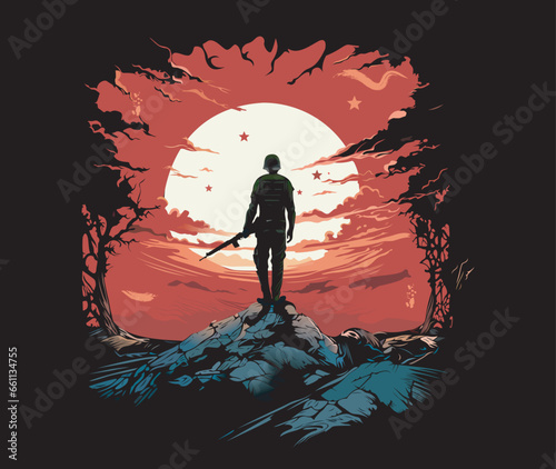 soldier standing alone after the war in battlefield under sunset, illustration vector 
