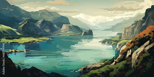 Colorful retro style illustration travel poster of a Scandinavian fjord. photo