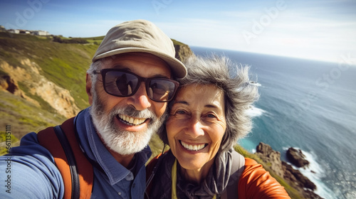 copy space, stockphoto, elderly couple taking a selfie on the cliffs of the Opal coast in France. Beautiful aging happy married couple, posing on cliffs near the ocean. Wonderful view. Happy elderly c