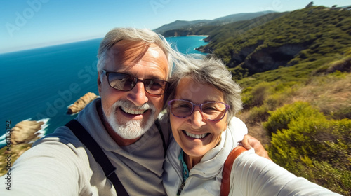 copy space, stockphoto, elderly couple taking a selfie on the cliffs of the Opal coast in France. Beautiful aging happy married couple, posing on cliffs near the ocean. Wonderful view. Happy elderly c