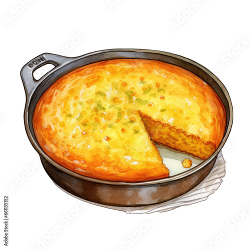 Cornbread in a baking pan, isolated on white transparent backgroud. Watercolor illustration