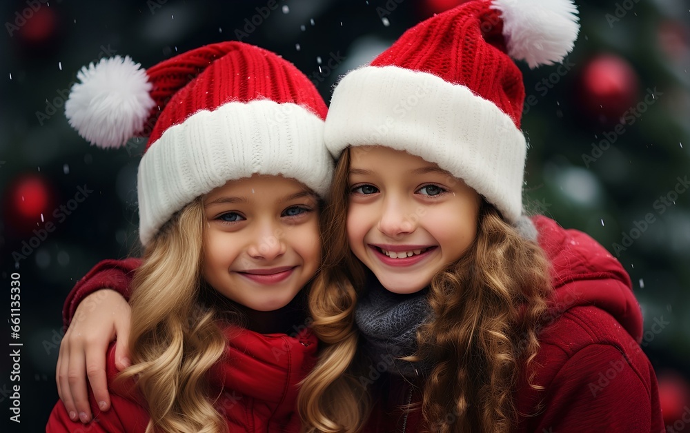 Two smiling happy baby girls in Christmas hats. Two smiling happy baby girls in Christmas hats.