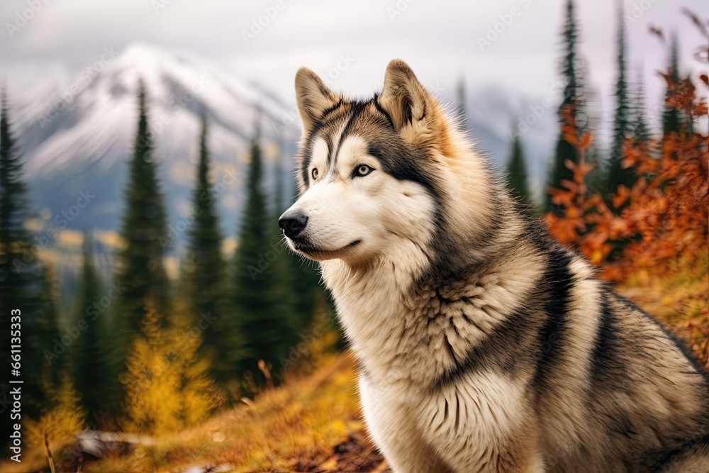 Alaskan Malamute dog in alaskan wilderness. Generative Ai