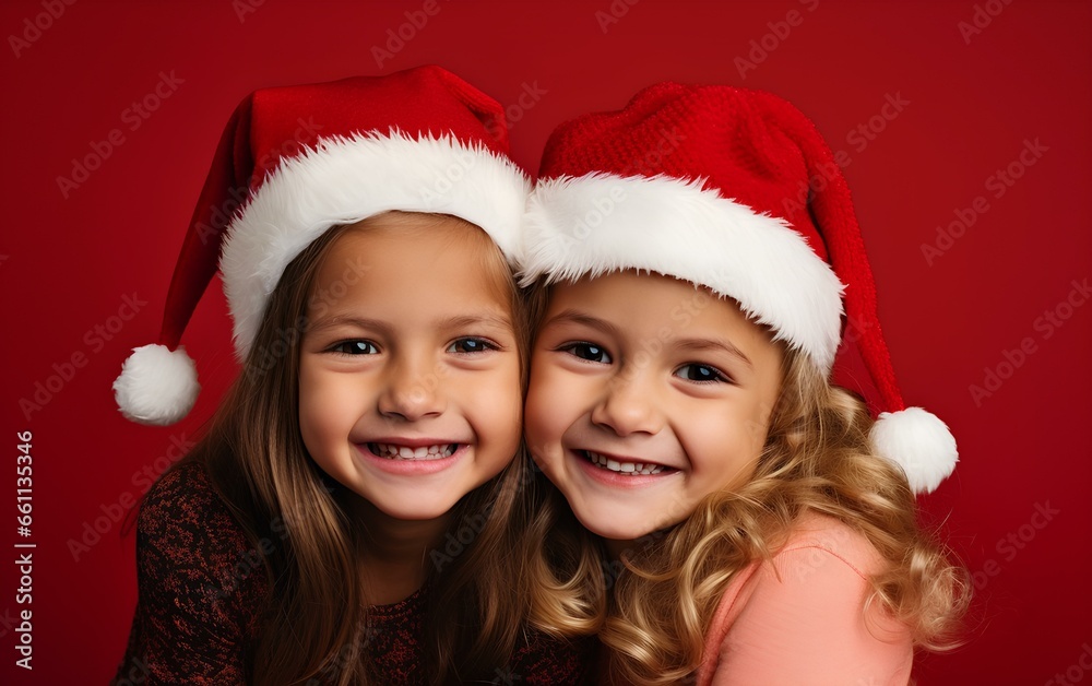 Two smiling happy baby girls in Christmas hats on a red background. Two smiling happy baby girls in Christmas hats on a red background.