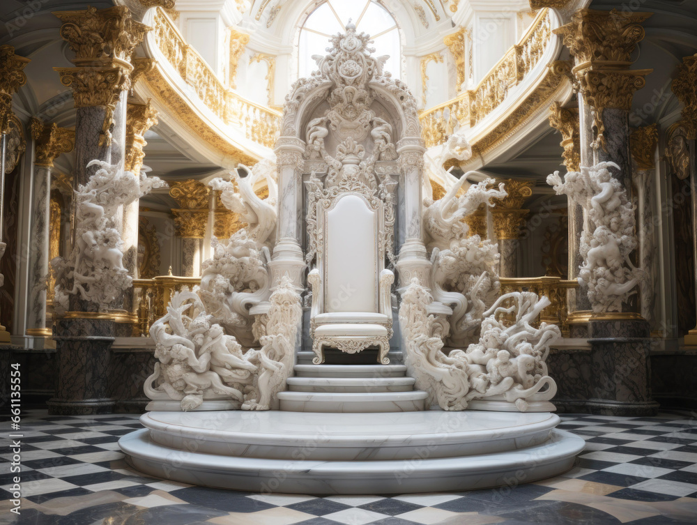 White throne. Decorated empty throne hall.