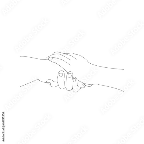 hand in hand. thin line drawing black hands . Vector illustration