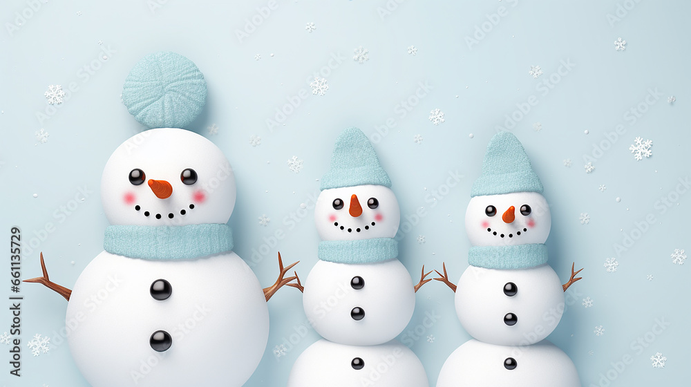 Snowman family on light background. Copy space Snowman family on light background. Copy space