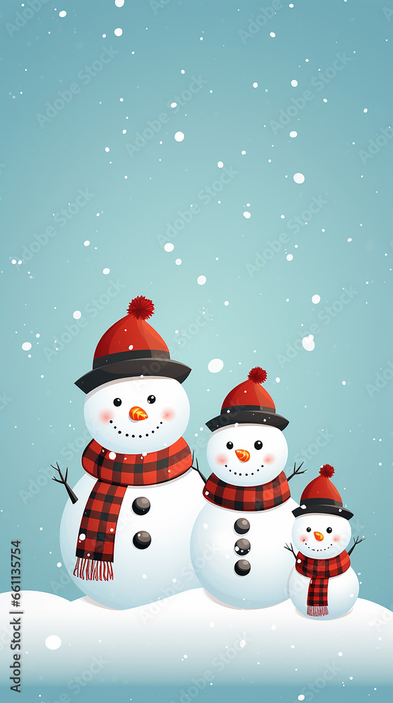 Snowman family on light background. Copy space