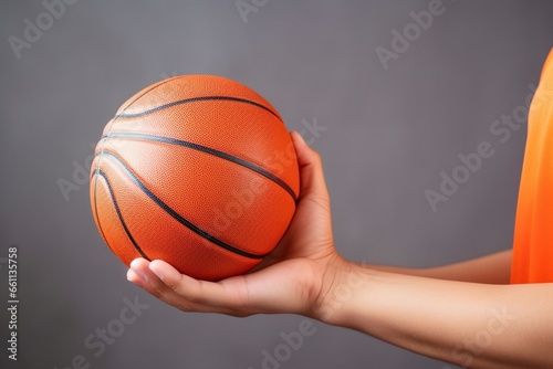 a basketball on a light background, a Basketball player. Sports banner. basketball at the hand of the player, basketball player closeup © MH