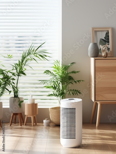 Air purifier in cozy white bedroom for filter and cleaning removing dust PM2.5 HEPA and virus in home,for fresh air and healthy Wellness life.Health care Air Pollution Concept photo