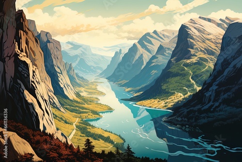 Colorful retro style illustration travel poster of a Scandinavian fjord. photo