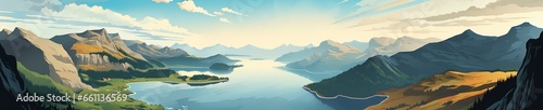 Colorful retro style illustration travel poster of a Scandinavian fjord.