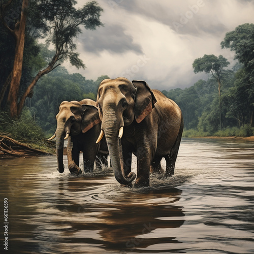 Elephants in a river. © DALU11