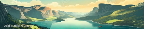 Colorful retro style illustration travel poster of a Scandinavian fjord. © W&S Stock
