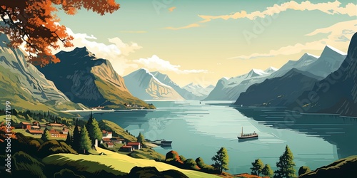 Colorful retro style illustration travel poster of a Scandinavian fjord. photo