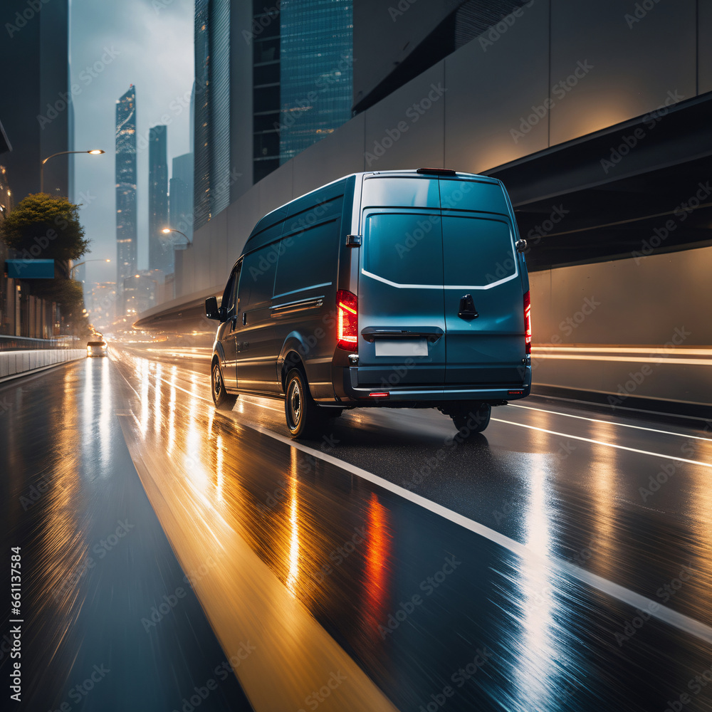 Delivery van on the road with motion blur background. Transportation concept.