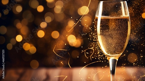 A close-up of a glass of champagne with "2024" engraved on the glass, surrounded by bubbles and a backdrop of festive lights, ready for your personalized message