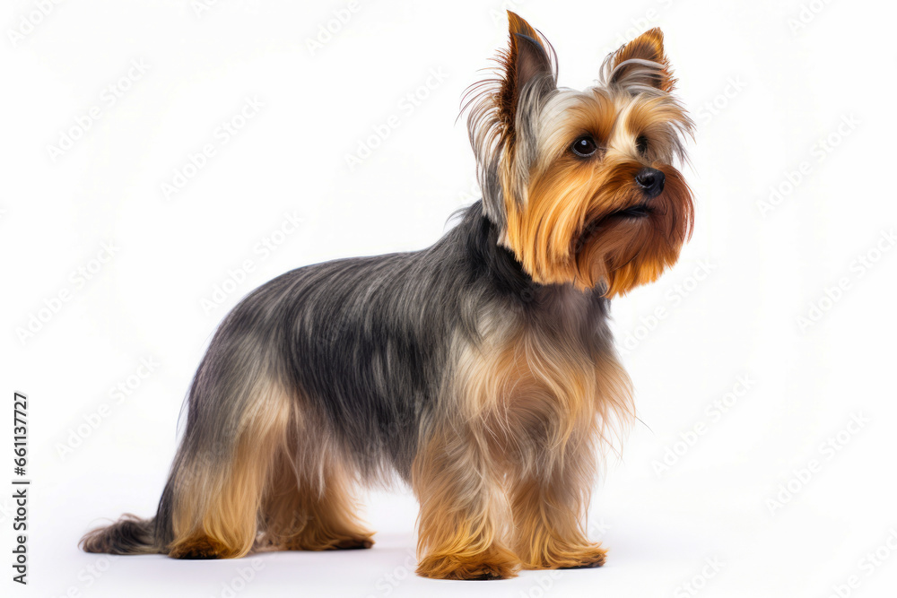 Small dog standing on white background with long haircut. Small dog standing on white background with long haircut.