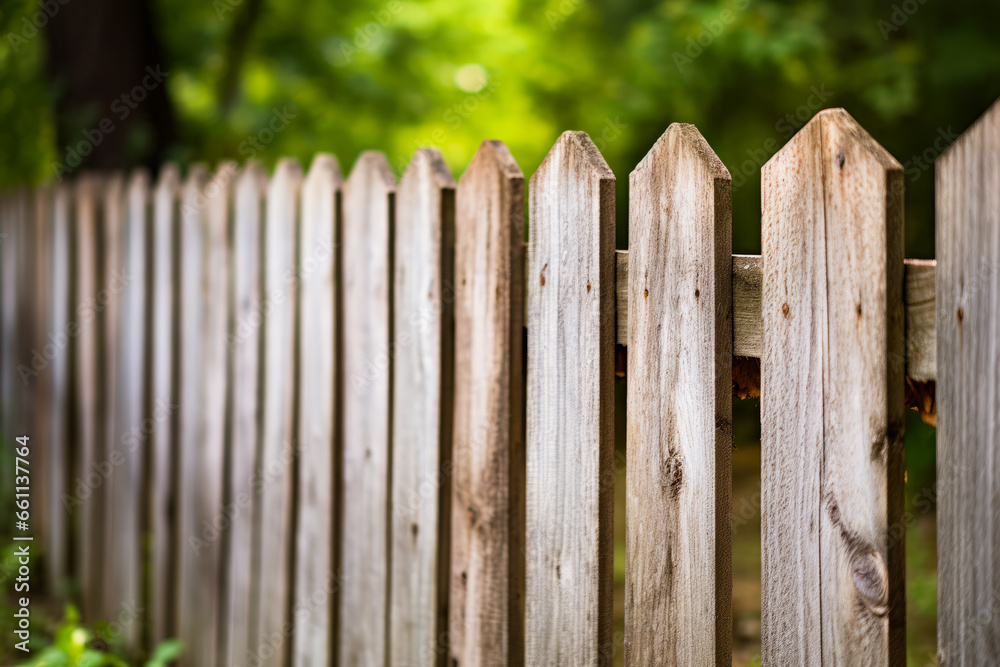 Wooden fence with green tree in the background and blurry background. Wooden fence with green tree in the background and blurry background.