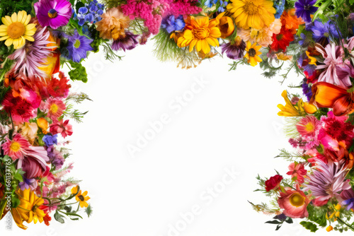 White background with bunch of flowers on it and white space in the middle. © VISUAL BACKGROUND