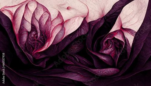 Feminity womanhood bold opulent color range pink red purple deep black intricate ink illustration smooth black background rose detailed photorealistic aesthetic octan rendering  photo