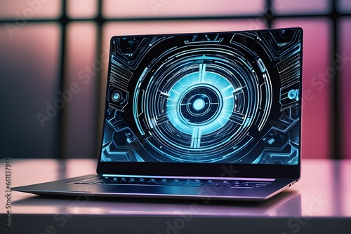 Laptop with glowing screen on technology background, 3d illustration