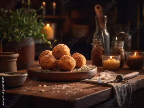 Arancini in a rustic kitchen