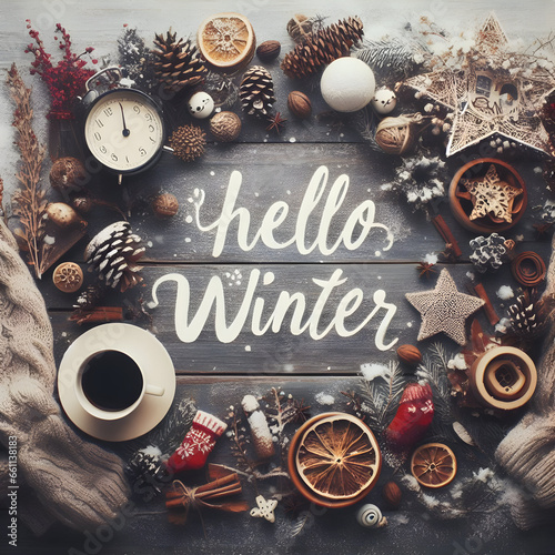 Hello Winter lettering with cup of coffee and Christmas decoration on wooden background